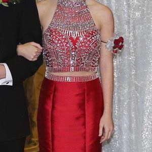 Rachel Allan red two piece mermaid prom dress.